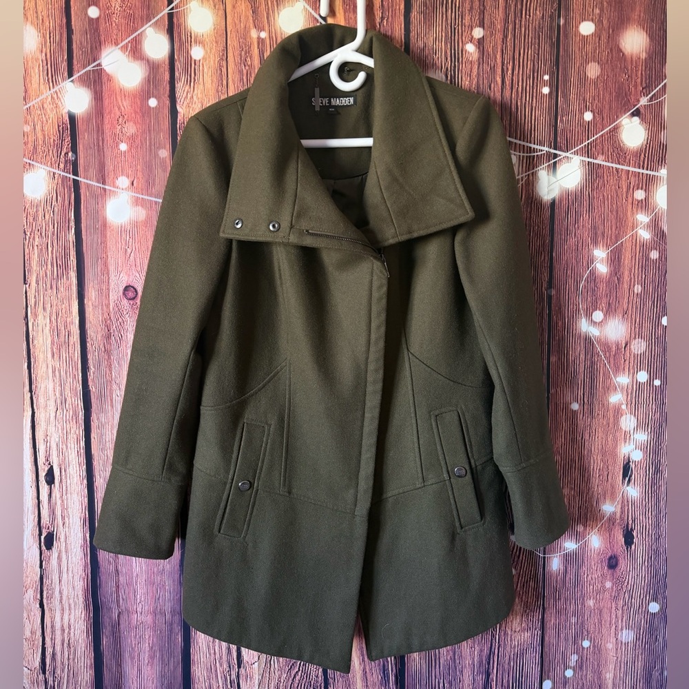 Steve Madden Women's Olive Green Wool Blend Pea Coat